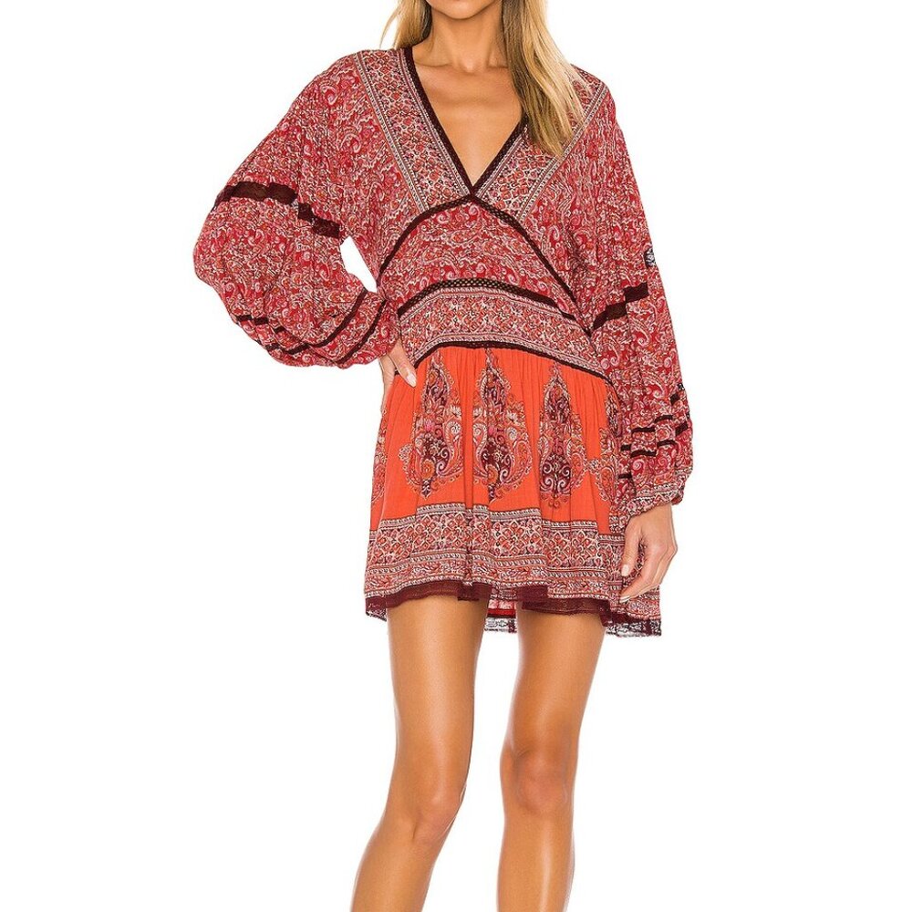 FREE PEOPLE Luna Scarf Print V-neck Tunic Boho Top Mini Dress Flowy Red Size S